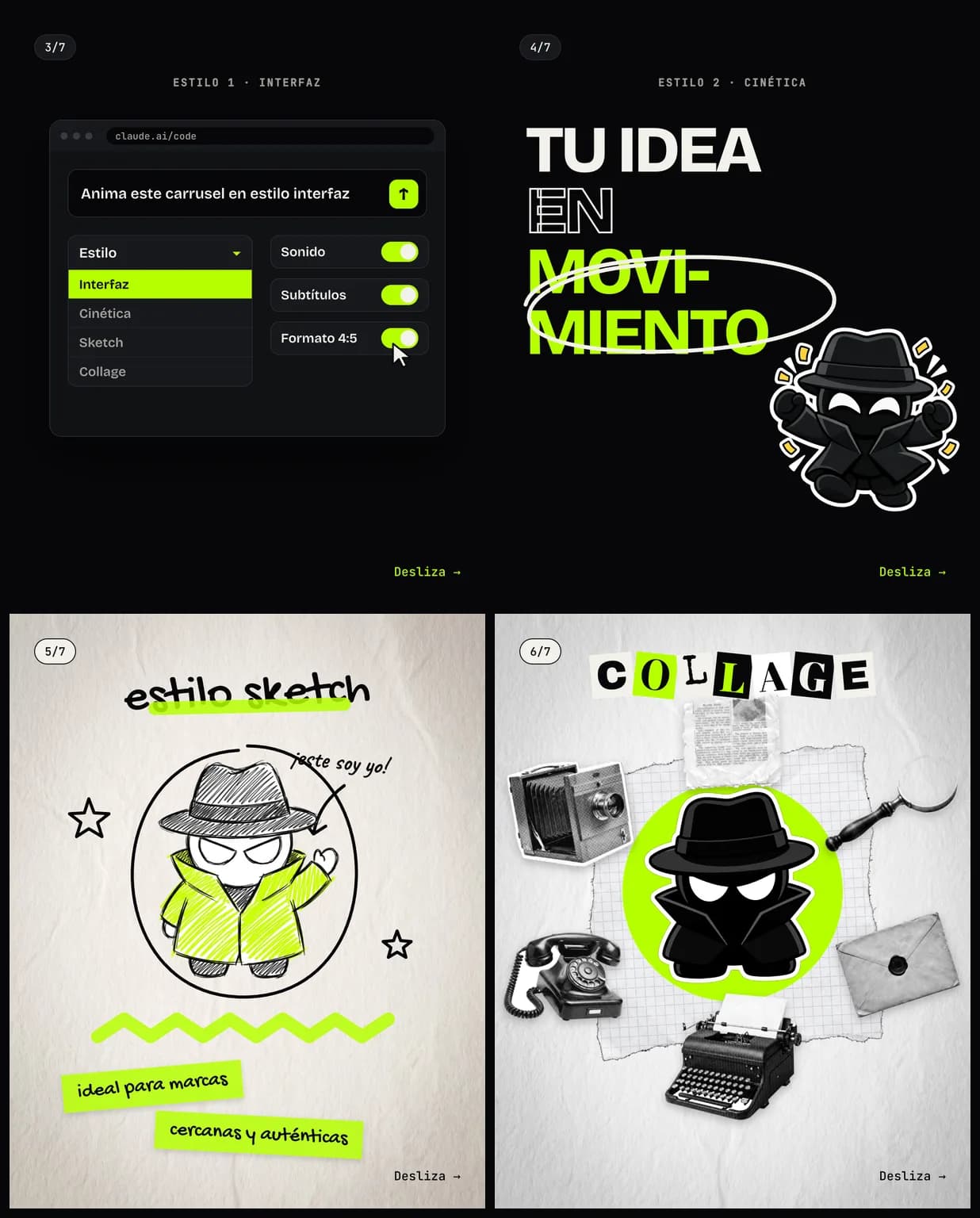 Los 4 estilos del carrusel animado con Claude y HyperFrames: interfaz, cinética, sketch y collage