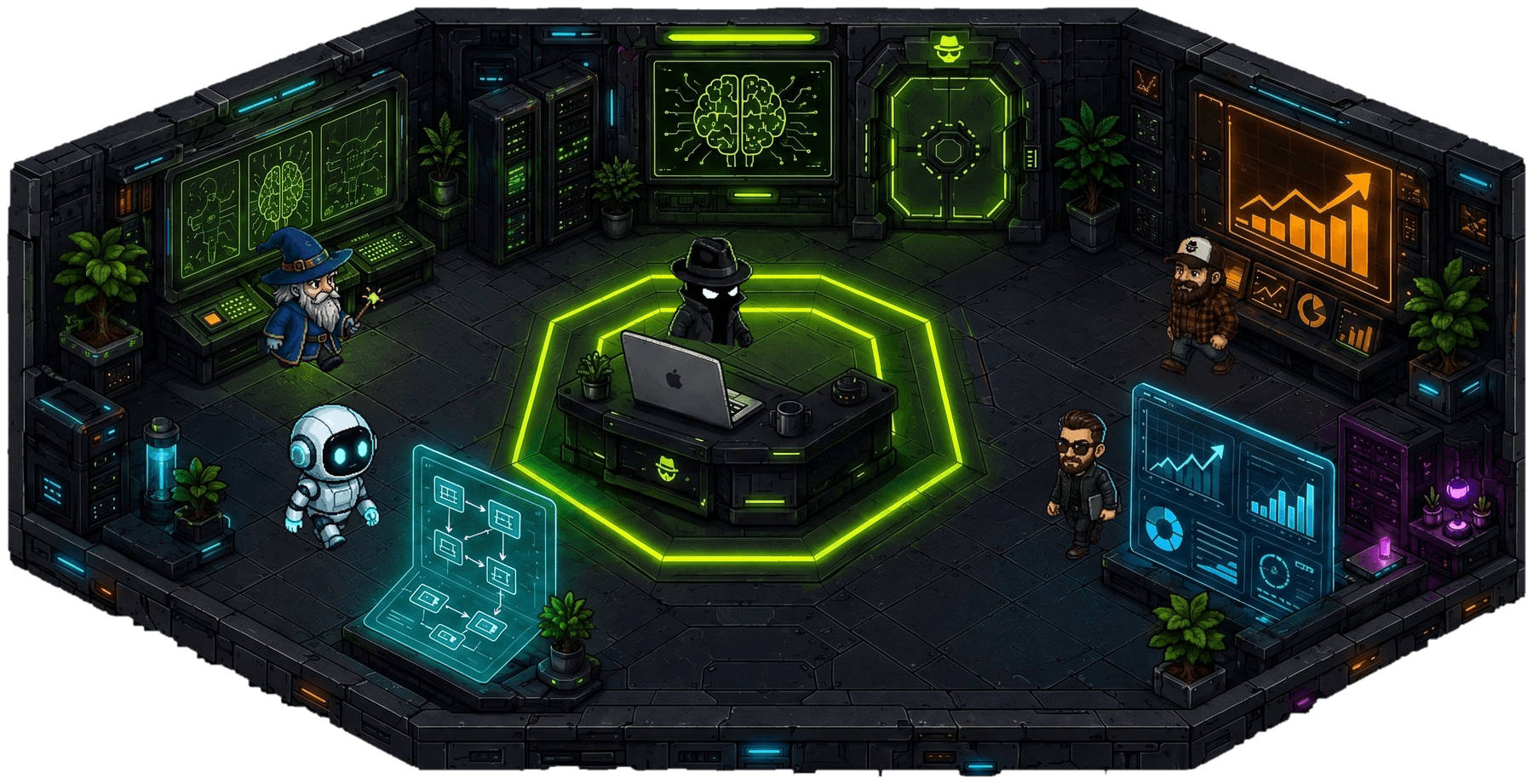 Sala de operaciones isométrica de Blackdark: el espía trabaja en su portátil dentro de un anillo de neón lima mientras sus agentes IA (un mago, un robot, un leñador y un analista) van y vienen a informarle.