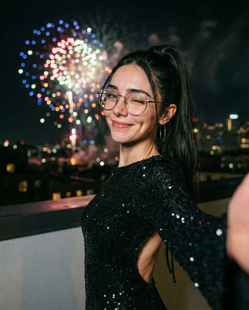 Rooftop fireworks selfie
