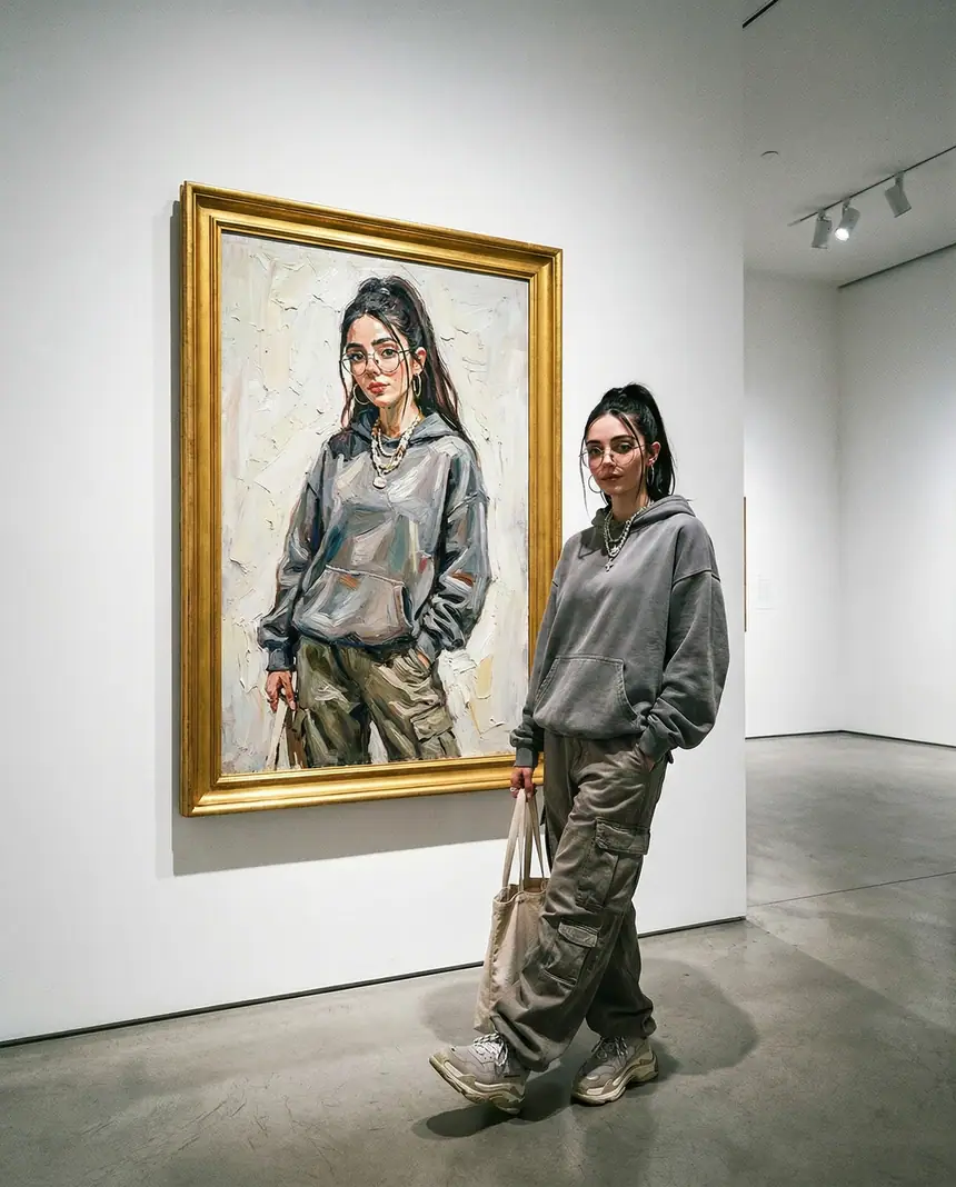 Pose de moda junto al óleo